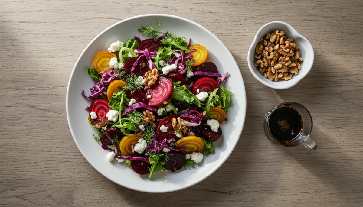 Bord met kleurrijke bietensalade naast een schaaltje walnoten en balsamicodressing Bord met kleurrijke bietensalade naast een schaaltje walnoten en balsamicodressing