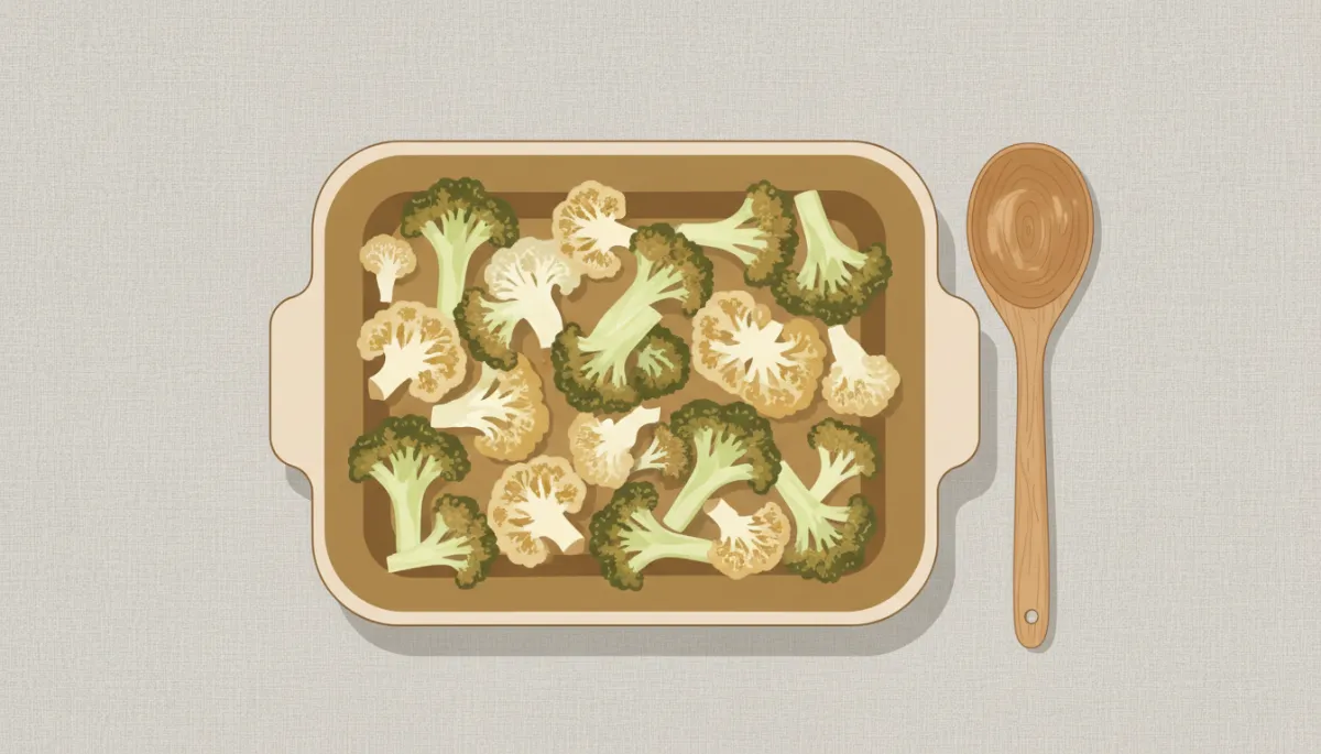 Professionele bovenaanzicht van een goudbruine bloemkool-broccoli ovenschotel Professionele bovenaanzicht van een goudbruine bloemkool-broccoli ovenschotel