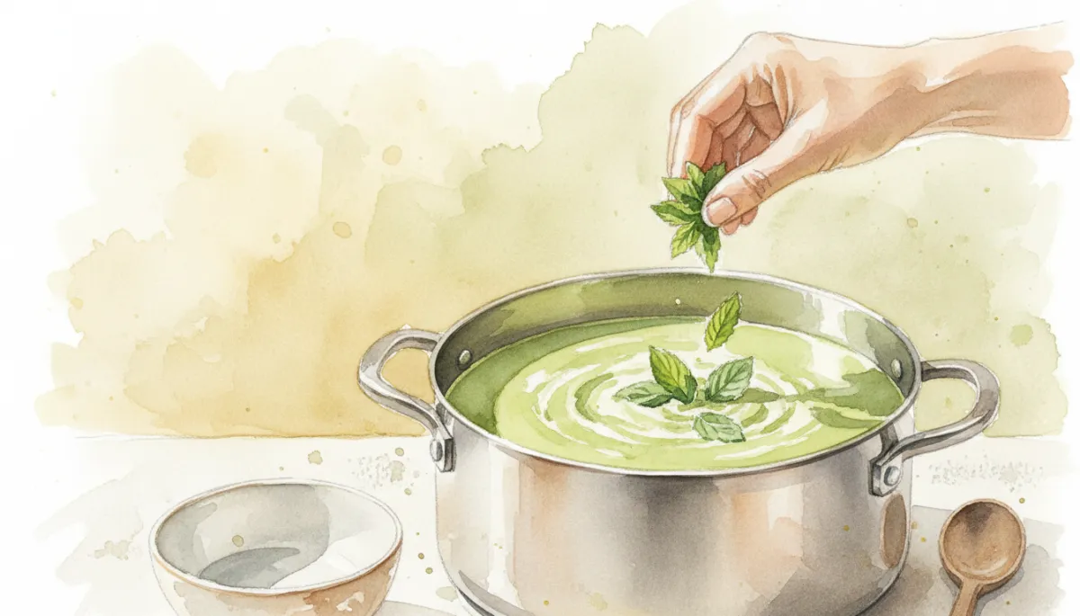 Pan met lichte courgettesoep waarin verse munt wordt geroerd Pan met lichte courgettesoep waarin verse munt wordt geroerd