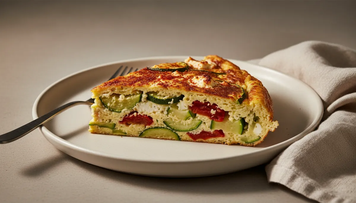 Punt frittata met paprika, courgette, tomaat en verkruimelde feta op een bord Punt frittata met paprika, courgette, tomaat en verkruimelde feta op een bord