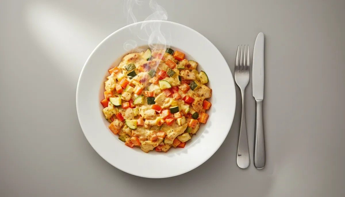 Serveerbord met een portie Metabolic Balance ovenschotel van kip en groenten