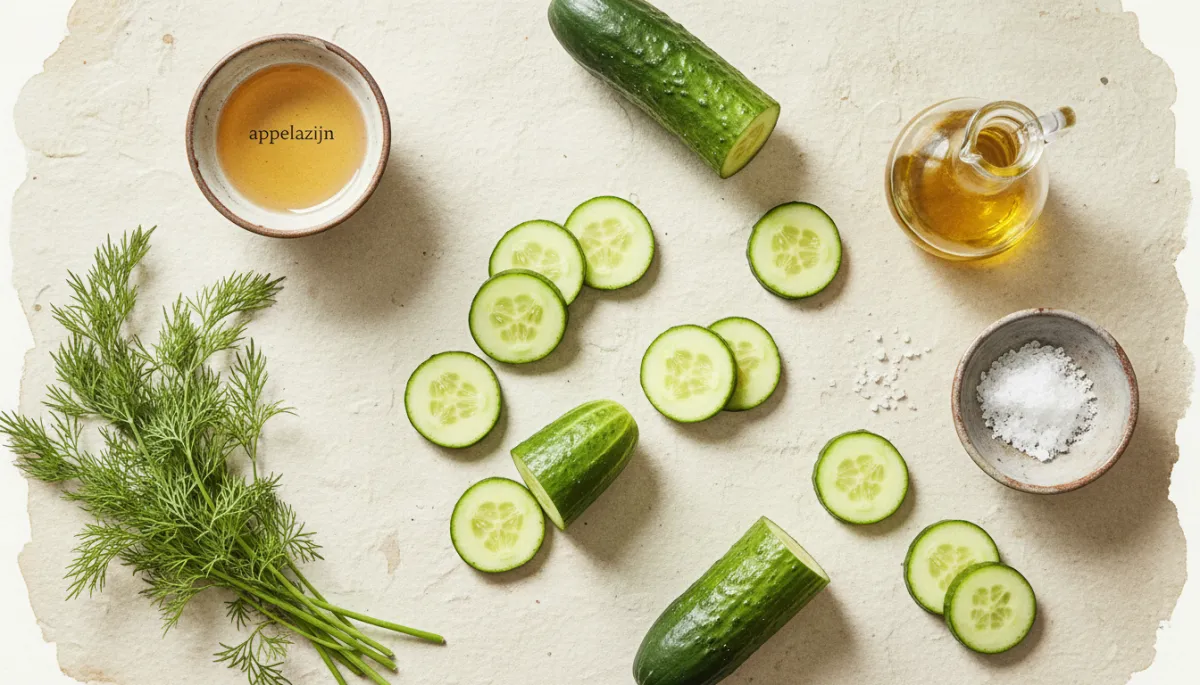 Ingrediënten voor een eenvoudige komkommersalade met dille en appelazijn