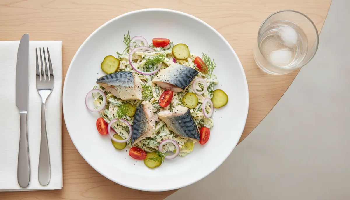 Bord met hartige salade van gerookte makreel, augurk, ui en tomaat Bord met hartige salade van gerookte makreel, augurk, ui en tomaat