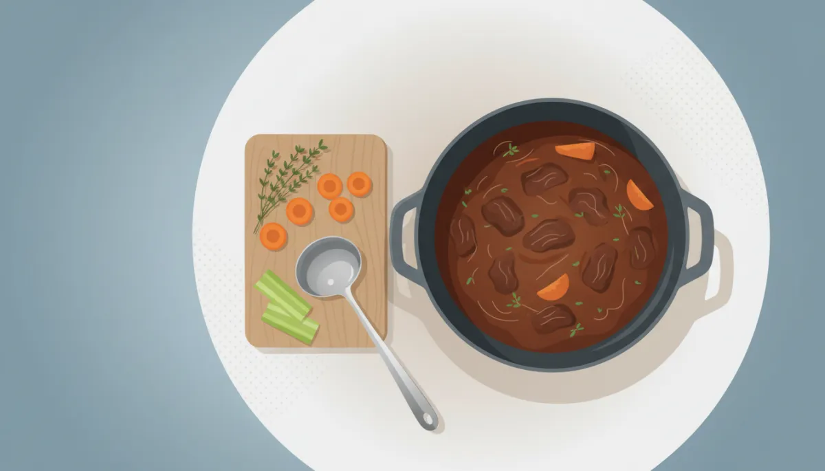 Stoofpan met rundvleesstoofpot en voorbereidende groenten op tafel Stoofpan met rundvleesstoofpot en voorbereidende groenten op tafel