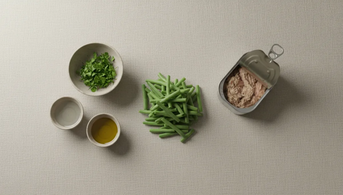 Ingrediënten voor Hollandse snijbonensalade met tonijn netjes uitgestald Ingrediënten voor Hollandse snijbonensalade met tonijn netjes uitgestald