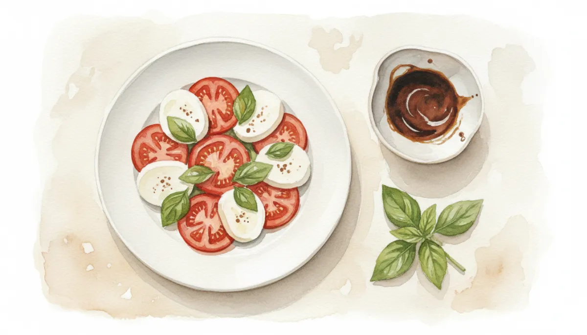 Professioneel gepresenteerde Caprese-stijl salade op een neutrale tafel Professioneel gepresenteerde Caprese-stijl salade op een neutrale tafel