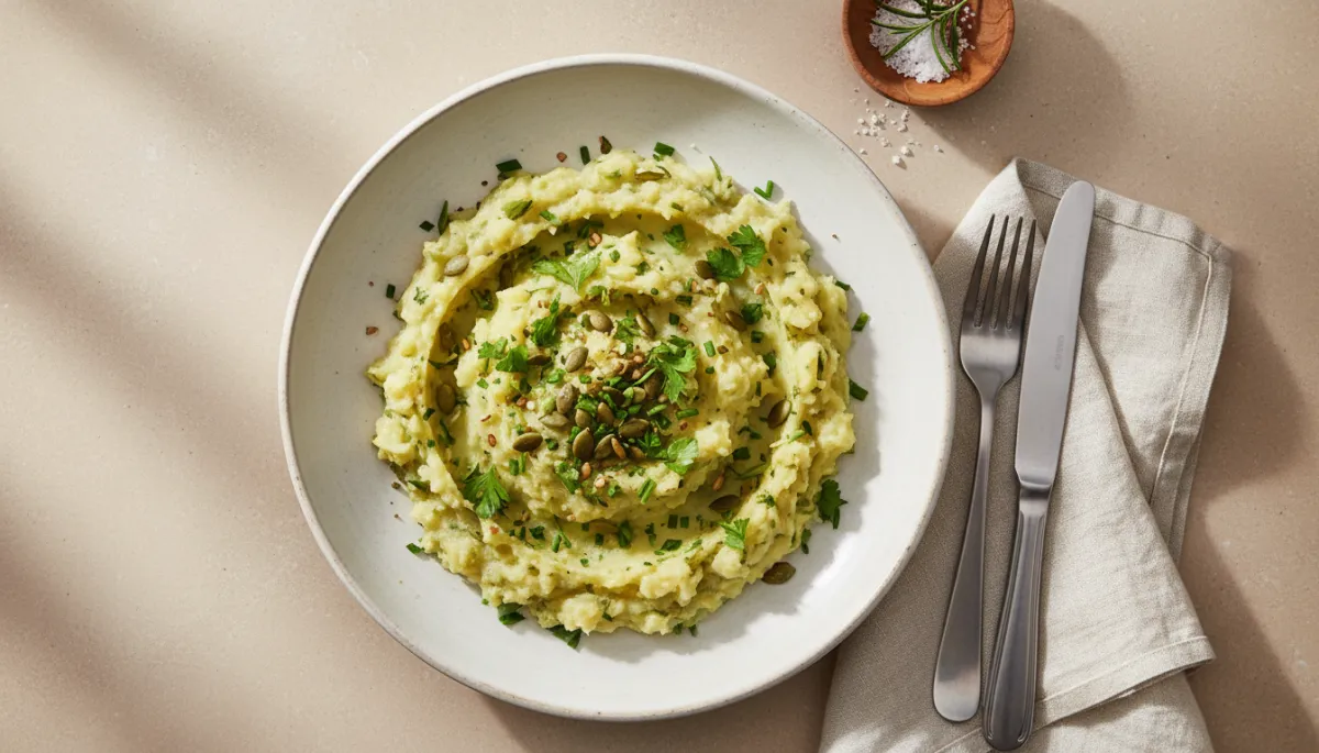 Bord lichte venkel-aardappelstamppot met groene kruiden als topping Bord lichte venkel-aardappelstamppot met groene kruiden als topping