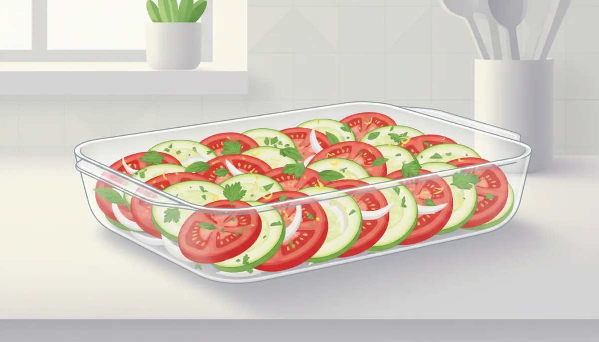 Ovenschaal met tomaat, courgette en ui als groentebed voor witvis