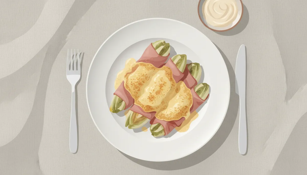 Bord met witlofrolletjes in ham met gesmolten kaas geserveerd op een neutraal gedekte tafel Bord met witlofrolletjes in ham met gesmolten kaas geserveerd op een neutraal gedekte tafel