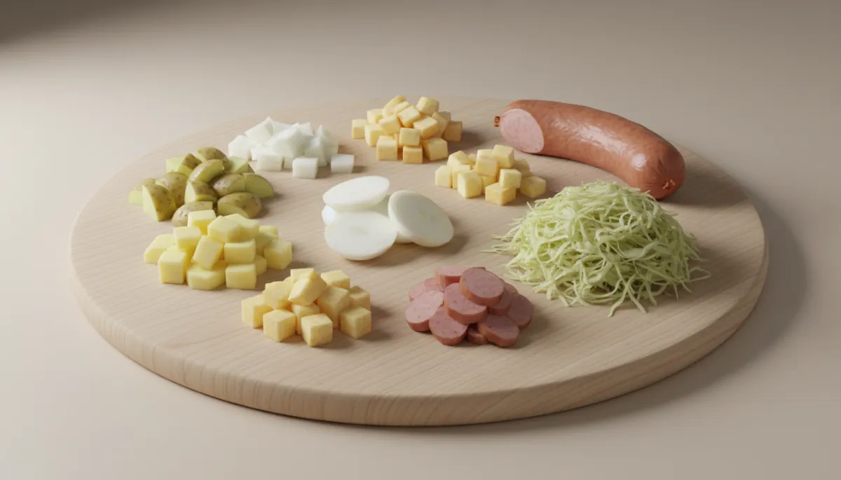 Professionele foto van de ingrediënten voor zuurkoolstamppot met rookworst op een snijplank Professionele foto van de ingrediënten voor zuurkoolstamppot met rookworst op een snijplank