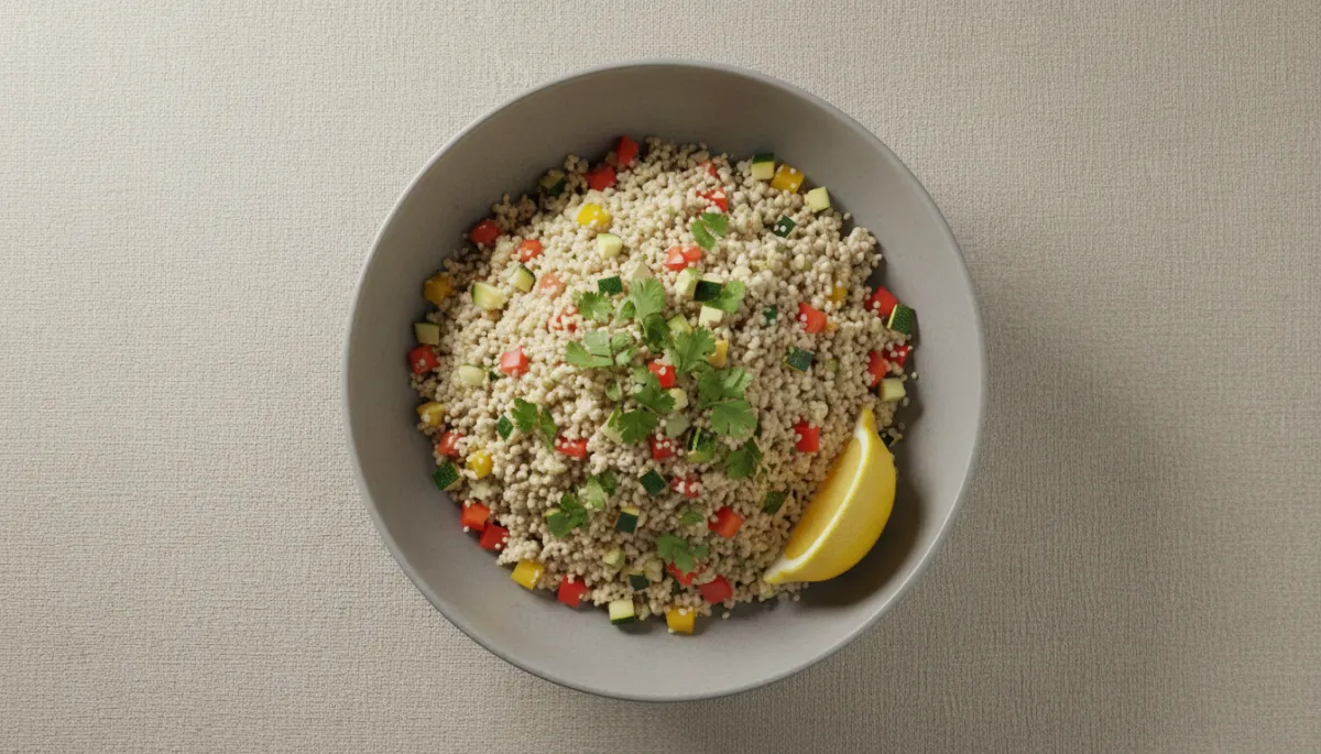 Professioneel opgemaakt bord bloemkoolcouscous met paprika, courgette en koriander in neutrale stijl