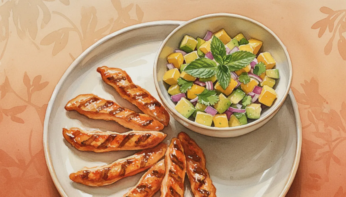 Close-up van harissa kip met mango-avocado salsa en munt