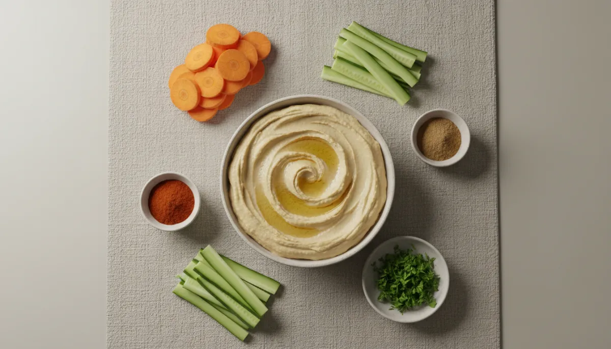 Schaal hummus geserveerd met rauwkost en verse kruiden Schaal hummus geserveerd met rauwkost en verse kruiden