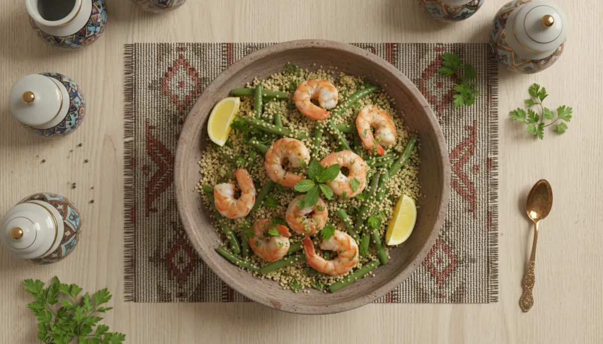 Kom met bloemkoolcouscous, garnalen, sperziebonen en kruiden Kom met bloemkoolcouscous, garnalen, sperziebonen en kruiden