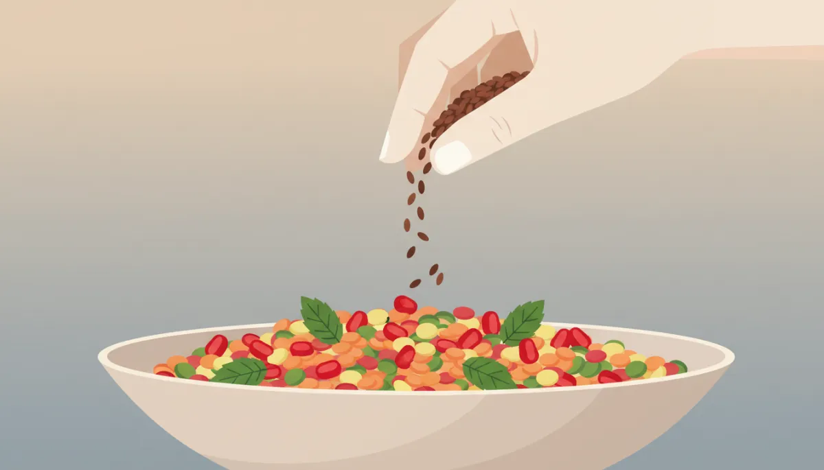 Close-up van linzensalade met komijn, granaatappelpitjes en verse munt
