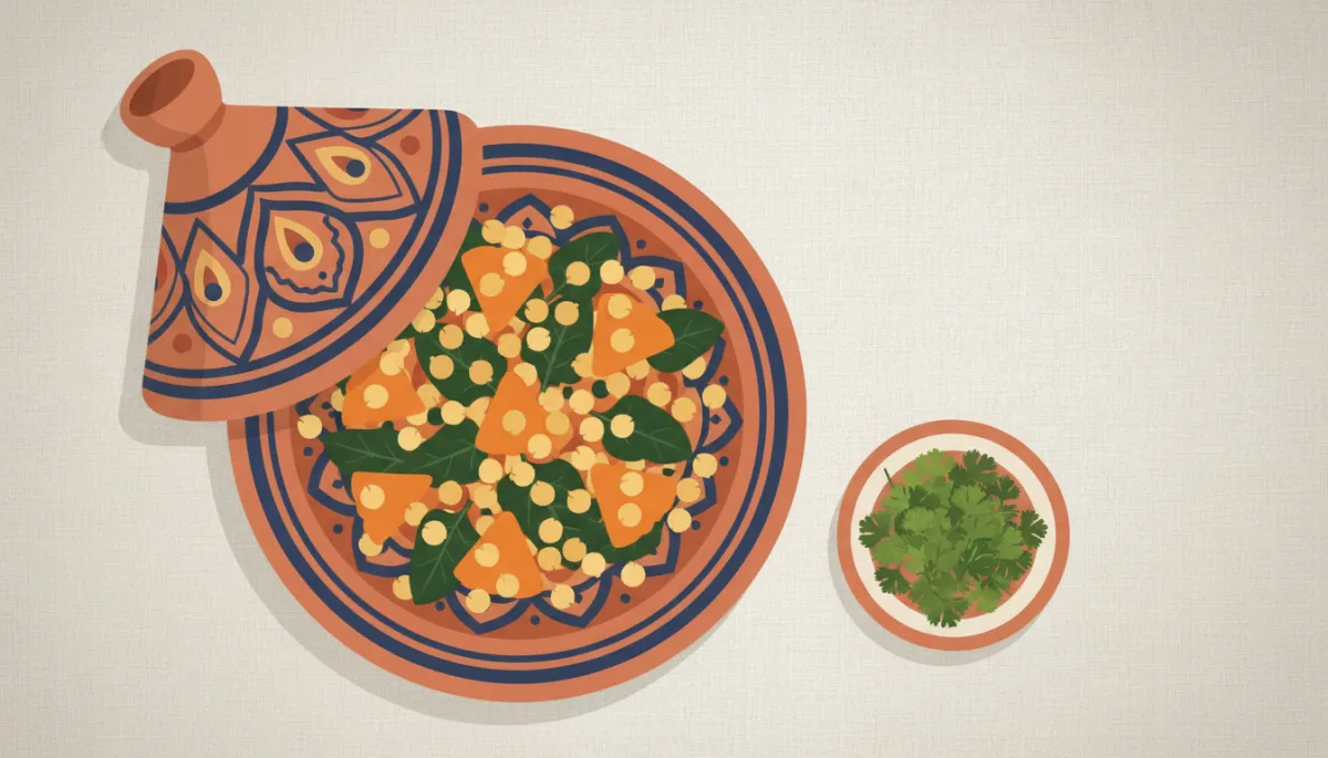 Professionele overheadfoto van een Marokkaanse tajine met pompoen, kikkererwten en spinazie Professionele overheadfoto van een Marokkaanse tajine met pompoen, kikkererwten en spinazie