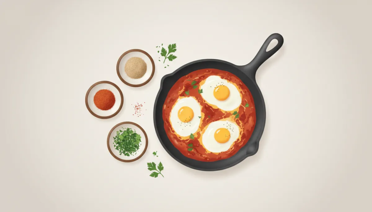 Pan met gepocheerde eieren in pittige tomatensaus met kommen specerijen ernaast Pan met gepocheerde eieren in pittige tomatensaus met kommen specerijen ernaast