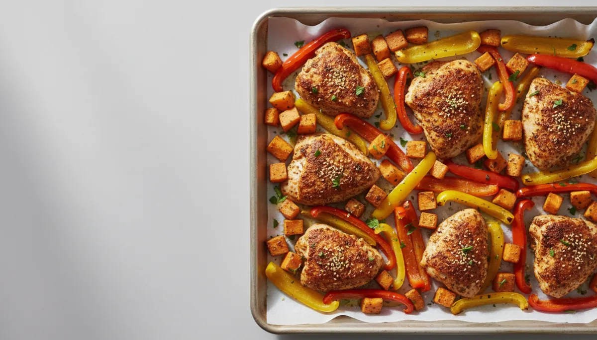Bakplaat met za’atar kip, zoete aardappel en paprika klaar om de oven in te gaan