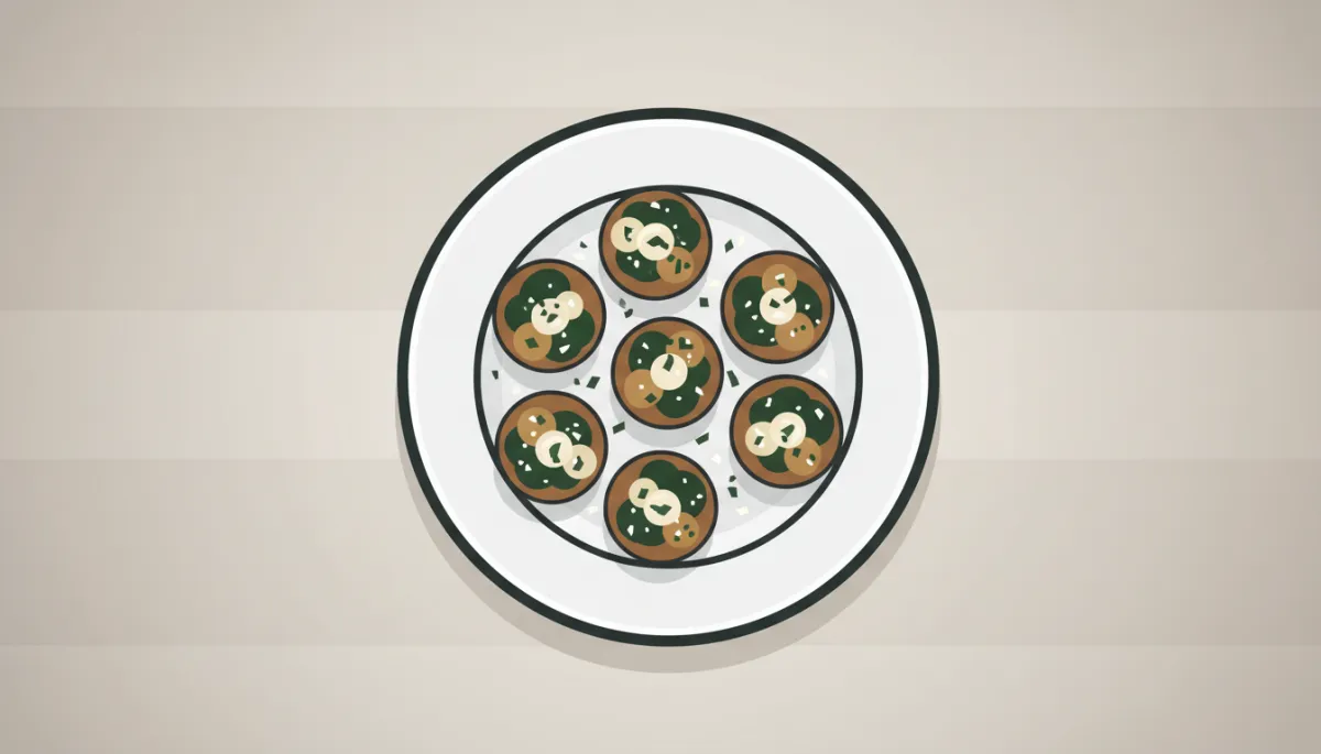 Elegant geserveerde gevulde champignons met spinazie en knoflook op een wit bord Elegant geserveerde gevulde champignons met spinazie en knoflook op een wit bord