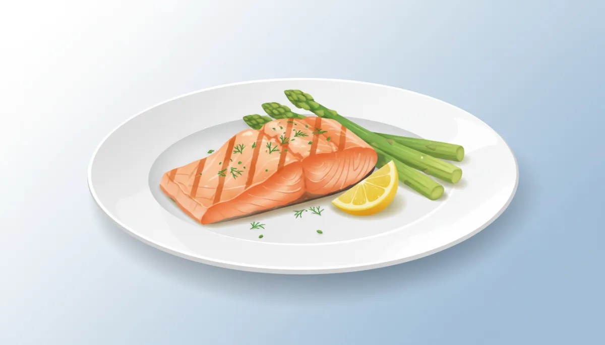 Close-up van gegrilde zalm met groene asperges, citroen en verse dille