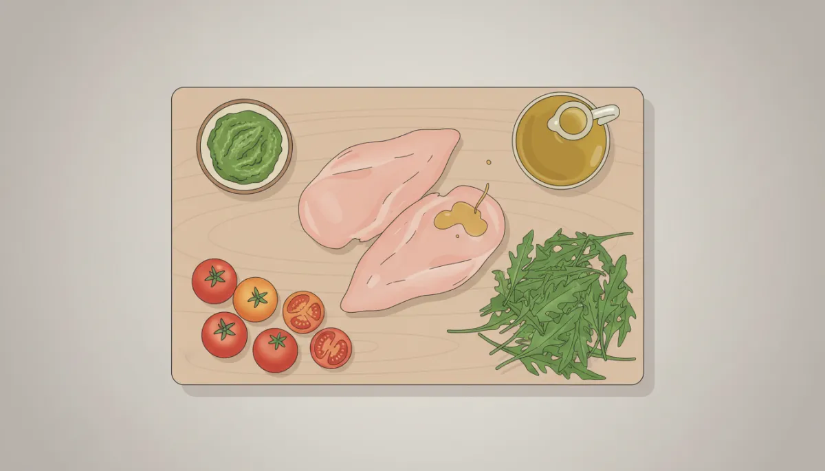 Professionele foodfoto met de ingrediënten voor kip, pesto, tomaat en rucola Professionele foodfoto met de ingrediënten voor kip, pesto, tomaat en rucola