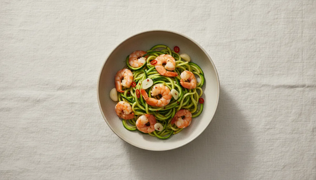 Bord met koolhydraatarme courgettespaghetti, knoflookgarnalen en chilipeper Bord met koolhydraatarme courgettespaghetti, knoflookgarnalen en chilipeper