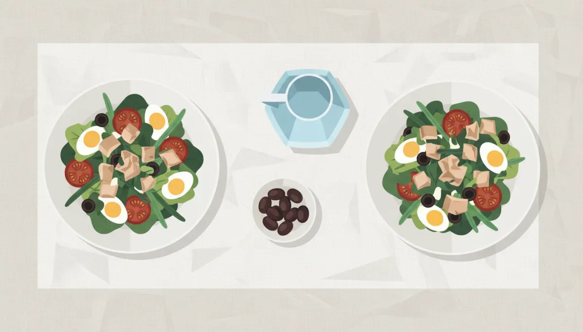 Professioneel gefotografeerde tafel met twee borden klassieke salade Niçoise Professioneel gefotografeerde tafel met twee borden klassieke salade Niçoise