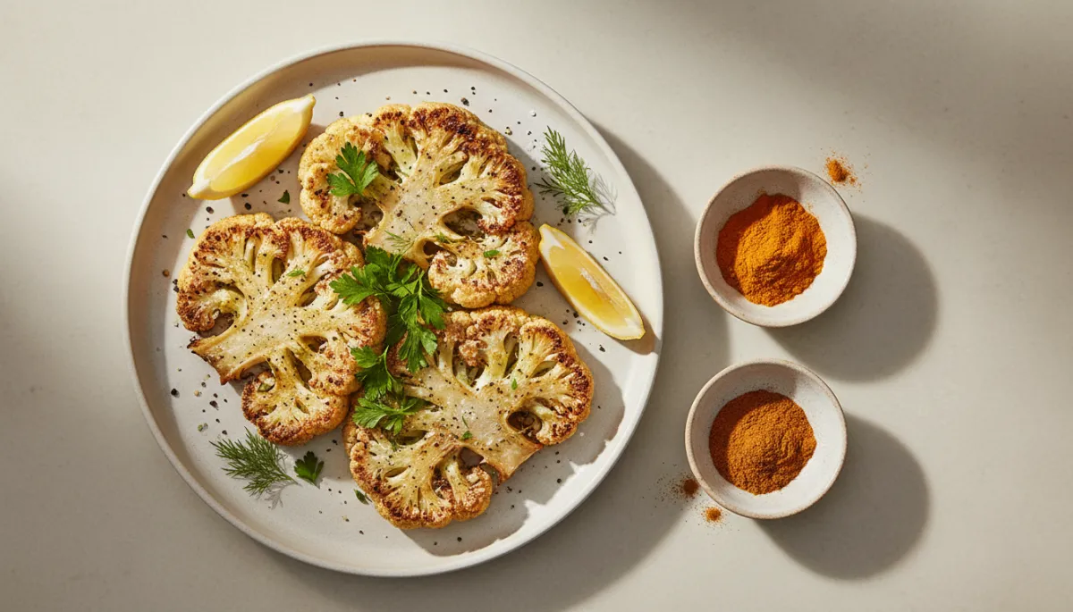 Geroosterde bloemkoolsteaks met kurkuma en komijn geserveerd met kruiden Geroosterde bloemkoolsteaks met kurkuma en komijn geserveerd met kruiden