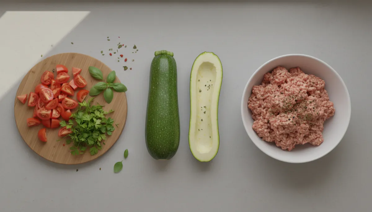 Ingrediënten voor gevulde courgettehelften met gekruid gehakt en tomaat Ingrediënten voor gevulde courgettehelften met gekruid gehakt en tomaat