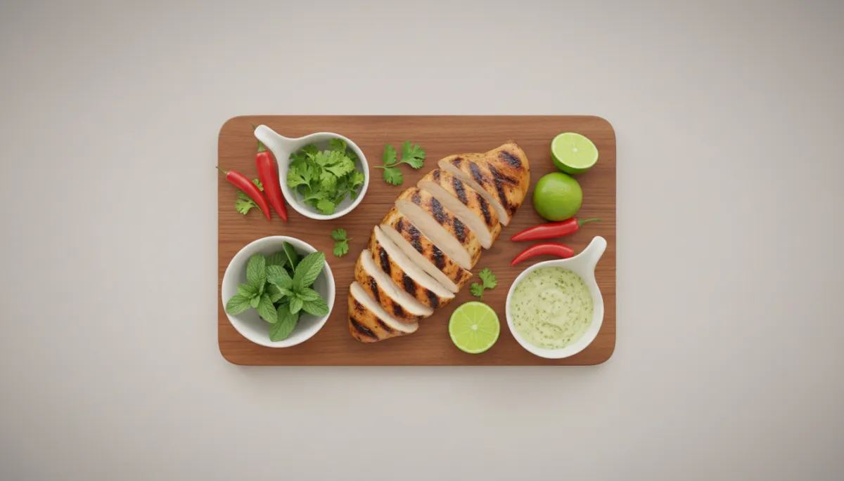 Voorbereide ingrediënten voor Thaise kipsalade met verse kruiden en limoendressing Voorbereide ingrediënten voor Thaise kipsalade met verse kruiden en limoendressing