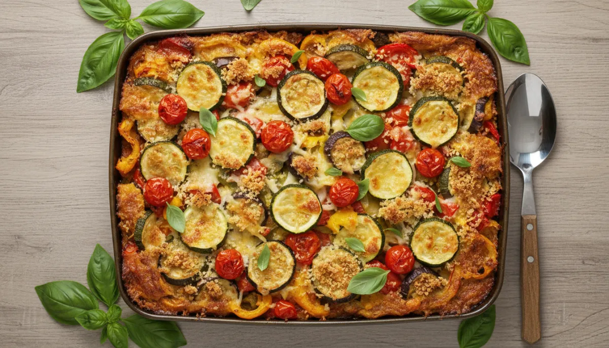 Gebakken groente-ovenschotel met basilicum vers uit de oven