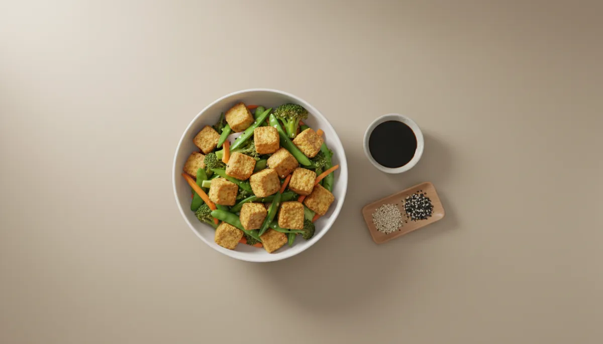 Bord met krokante tofu, gewokte groenten, tamari en sesamzaad Bord met krokante tofu, gewokte groenten, tamari en sesamzaad