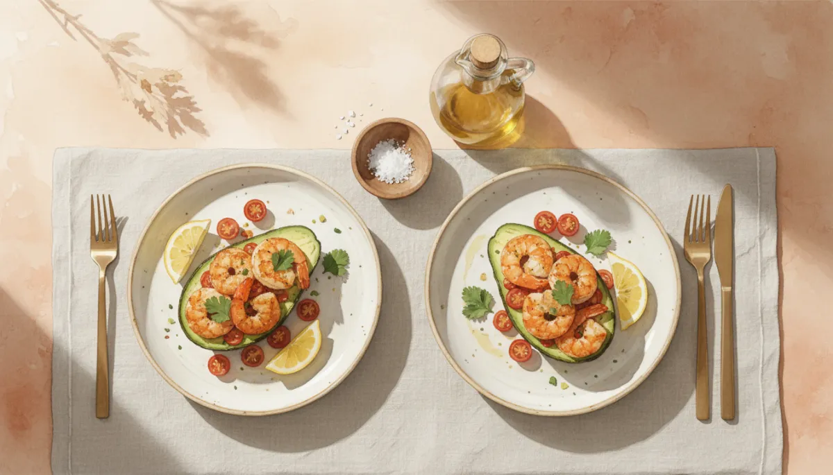 Avocadohelften met garnalen en tomaat stijlvol geserveerd als voorgerecht Avocadohelften met garnalen en tomaat stijlvol geserveerd als voorgerecht