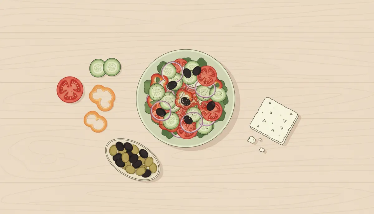 Ingrediënten voor een klassieke Griekse salade uitgestald rond een kom salade Ingrediënten voor een klassieke Griekse salade uitgestald rond een kom salade
