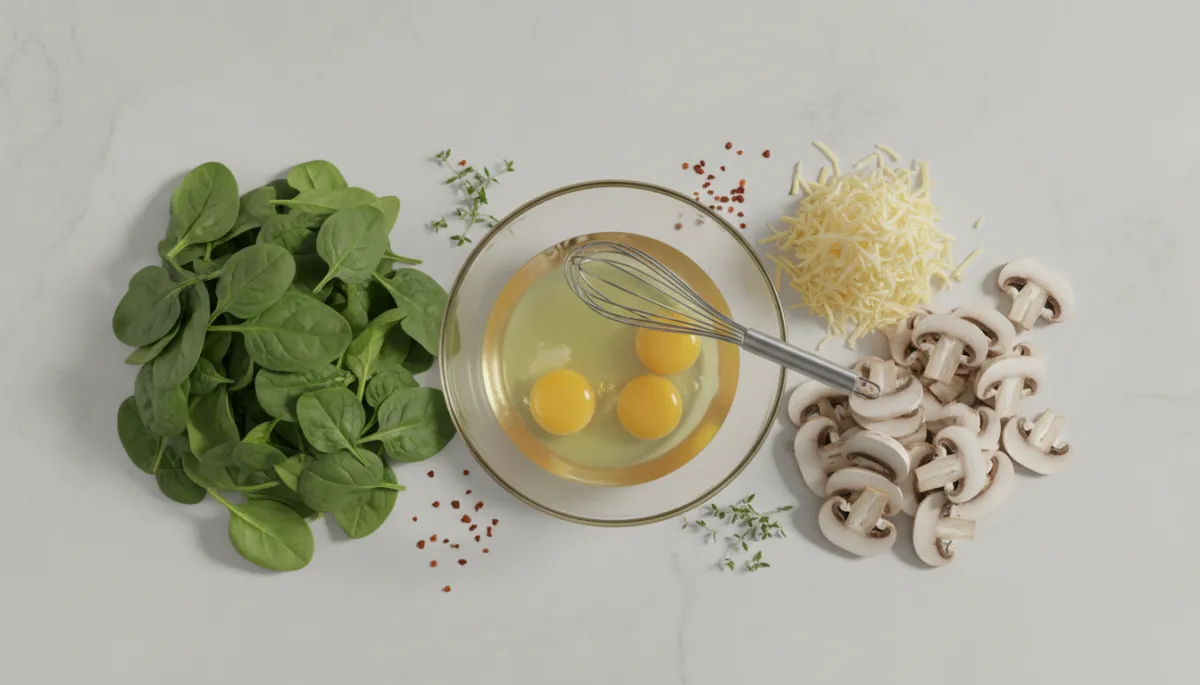 Ingrediënten voor een lichte, koolhydraatarme quiche met spinazie, champignons en kaas, professioneel gefotografeerd Ingrediënten voor een lichte, koolhydraatarme quiche met spinazie, champignons en kaas, professioneel gefotografeerd