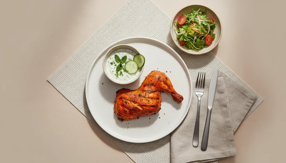 Tandoori kip met komkommer-munt raita en salade op een neutraal gedekte tafel Tandoori kip met komkommer-munt raita en salade op een neutraal gedekte tafel