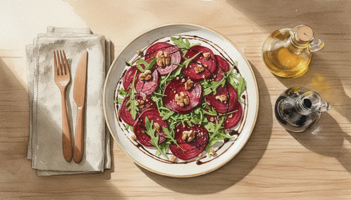 Bord met kleurrijke rode-bietencarpaccio op rucola met walnoten Bord met kleurrijke rode-bietencarpaccio op rucola met walnoten