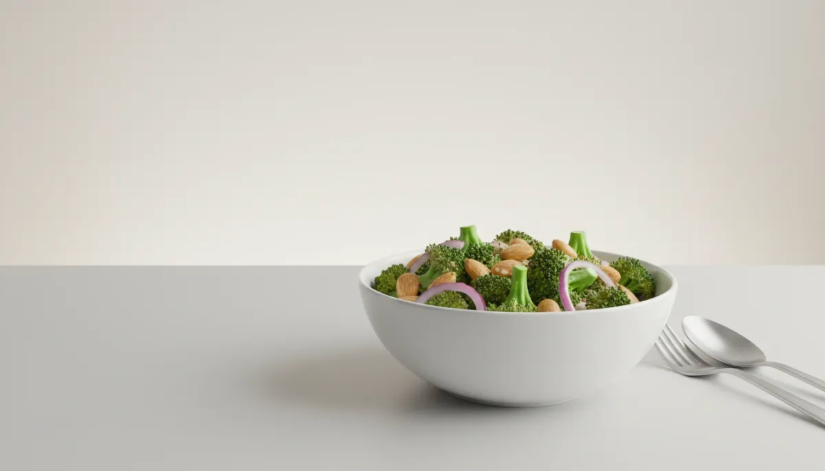 Close-up van knapperige broccolisalade met geroosterde amandelen en rode ui Close-up van knapperige broccolisalade met geroosterde amandelen en rode ui