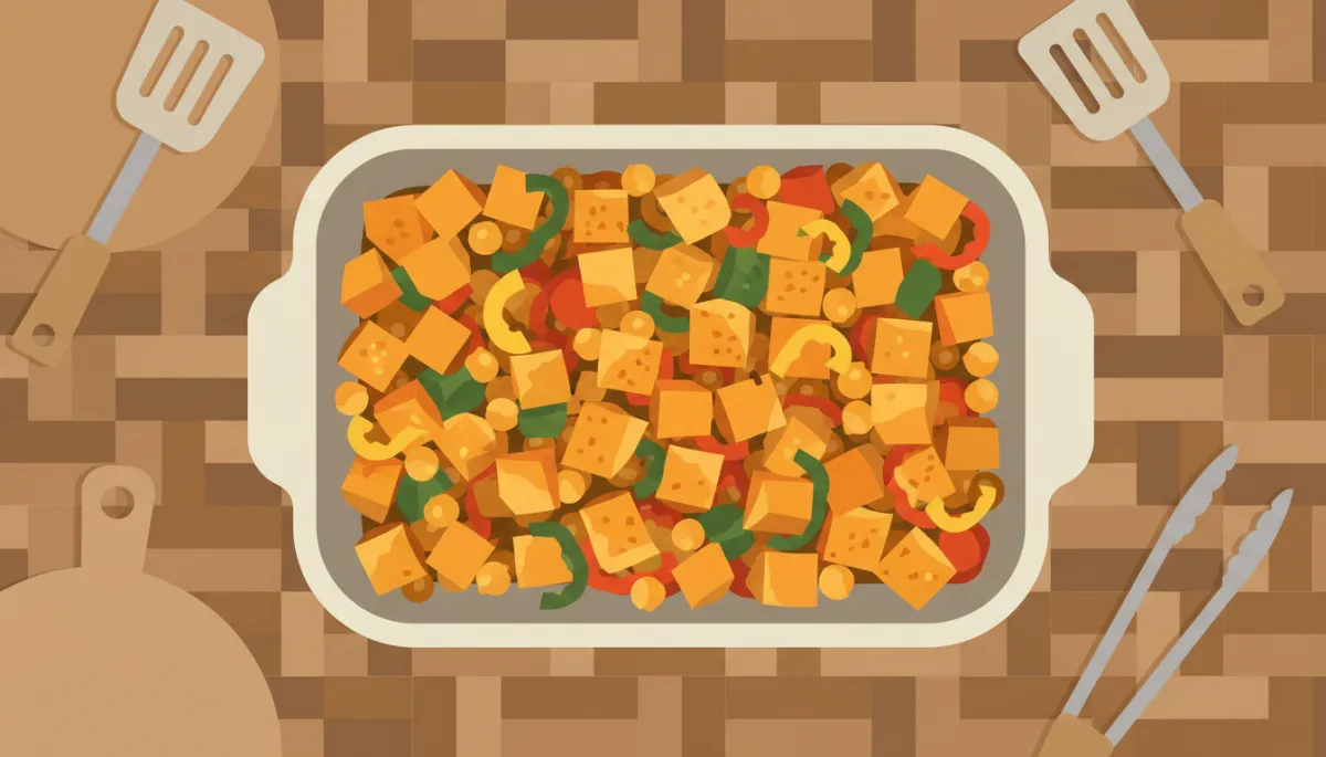 Ovenschaal met geroosterde zoete aardappel, paprika en kikkererwten in een neutrale keuken Ovenschaal met geroosterde zoete aardappel, paprika en kikkererwten in een neutrale keuken