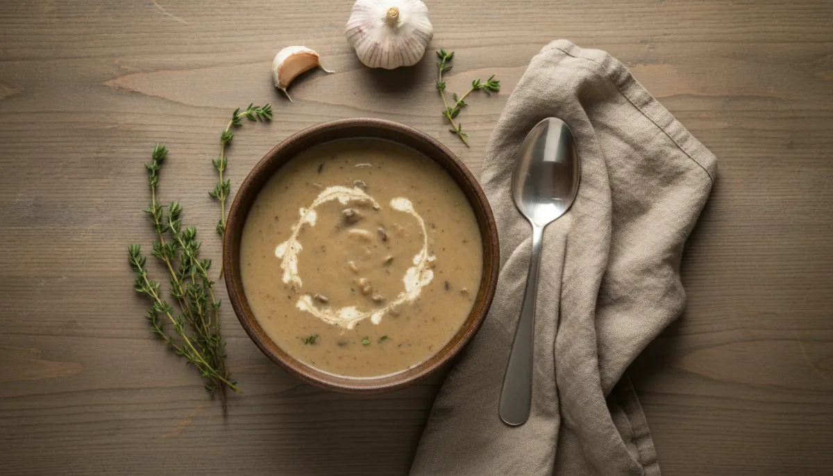 Gedekte tafel met kom champignonsoep, tijm en knoflook in een neutraal kleurenpalet
