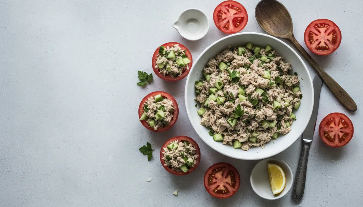 Kom met tonijnsalade, komkommer en peterselie naast uitgeholde tomaten Kom met tonijnsalade, komkommer en peterselie naast uitgeholde tomaten