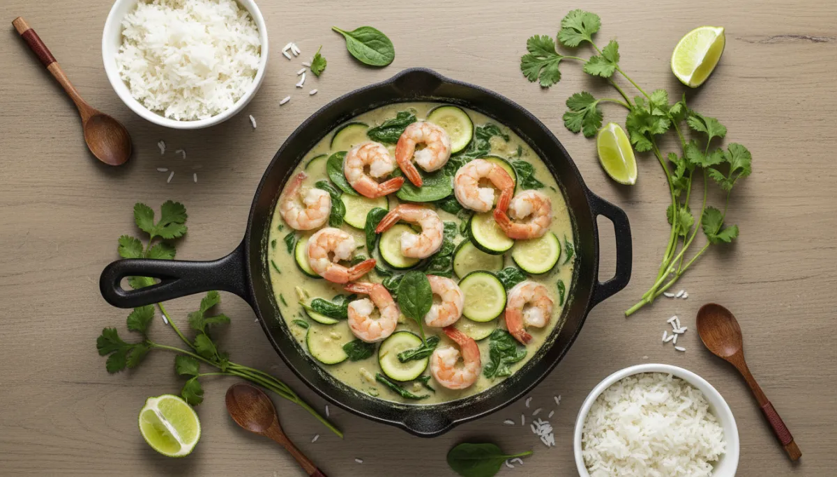 Pan groene curry met garnalen, courgette, spinazie en kokosmelk op tafel