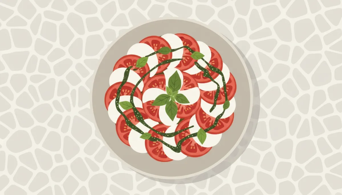 Caprese salade met tomaat, mozzarella, basilicum en pesto mooi opgemaakt op een schaal Caprese salade met tomaat, mozzarella, basilicum en pesto mooi opgemaakt op een schaal
