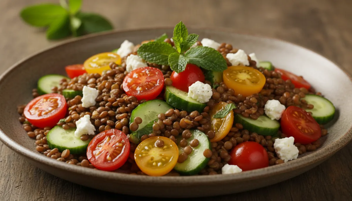 Close-up van warme linzensalade met linzen, groenten, feta en munt