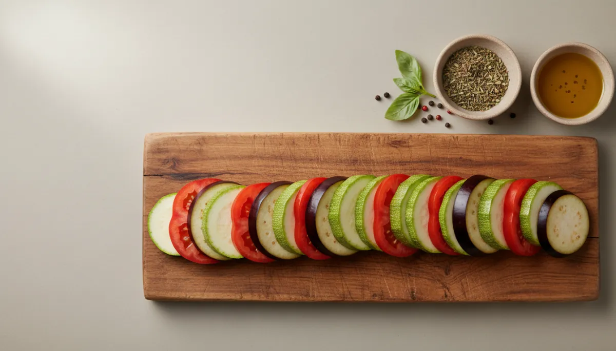 Gesneden aubergine, courgette, paprika en tomaat klaar om een groenteschotel te maken Gesneden aubergine, courgette, paprika en tomaat klaar om een groenteschotel te maken