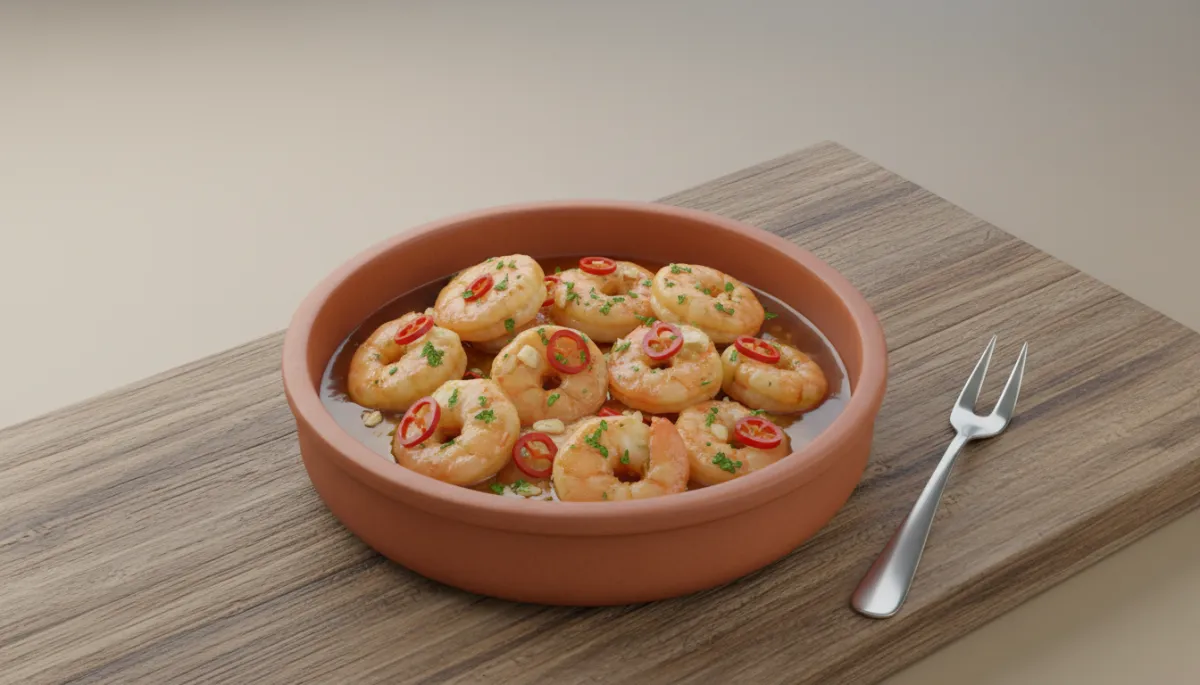 Tapas-stijl geserveerde garnalen in knoflookolie met chilipeper en peterselie in een terracotta schaaltje