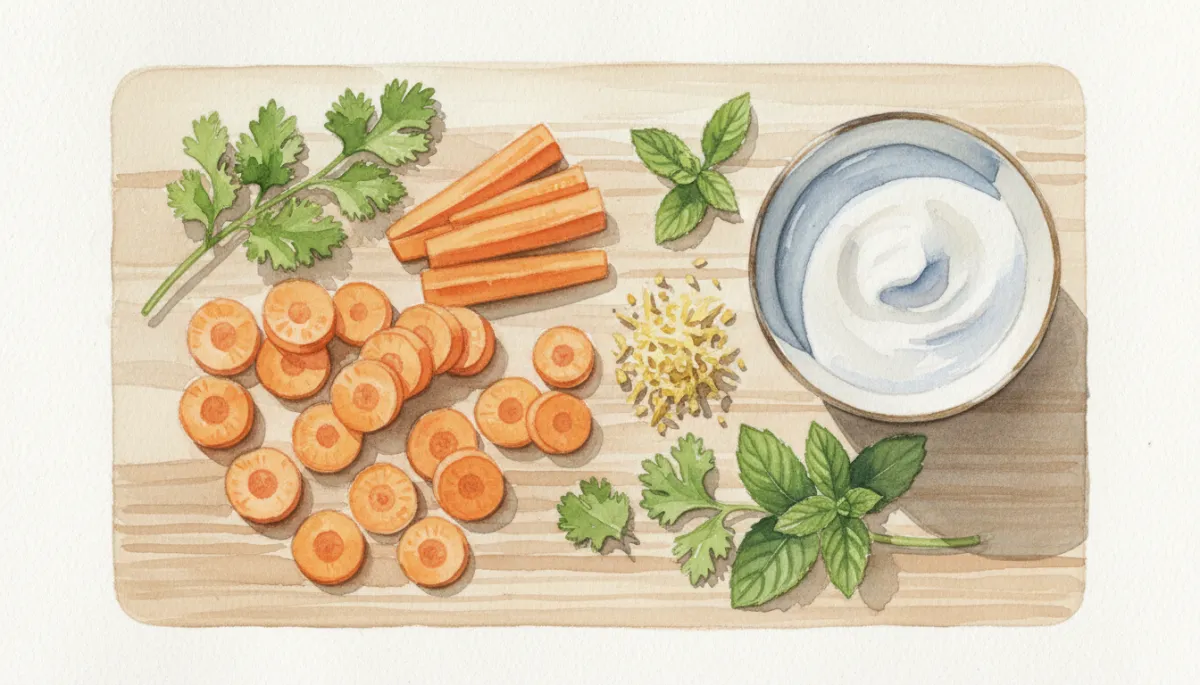 Ingrediënten voor romige wortelsoep met kokosmelk en verse gember, professioneel gestyled op een snijplank Ingrediënten voor romige wortelsoep met kokosmelk en verse gember, professioneel gestyled op een snijplank