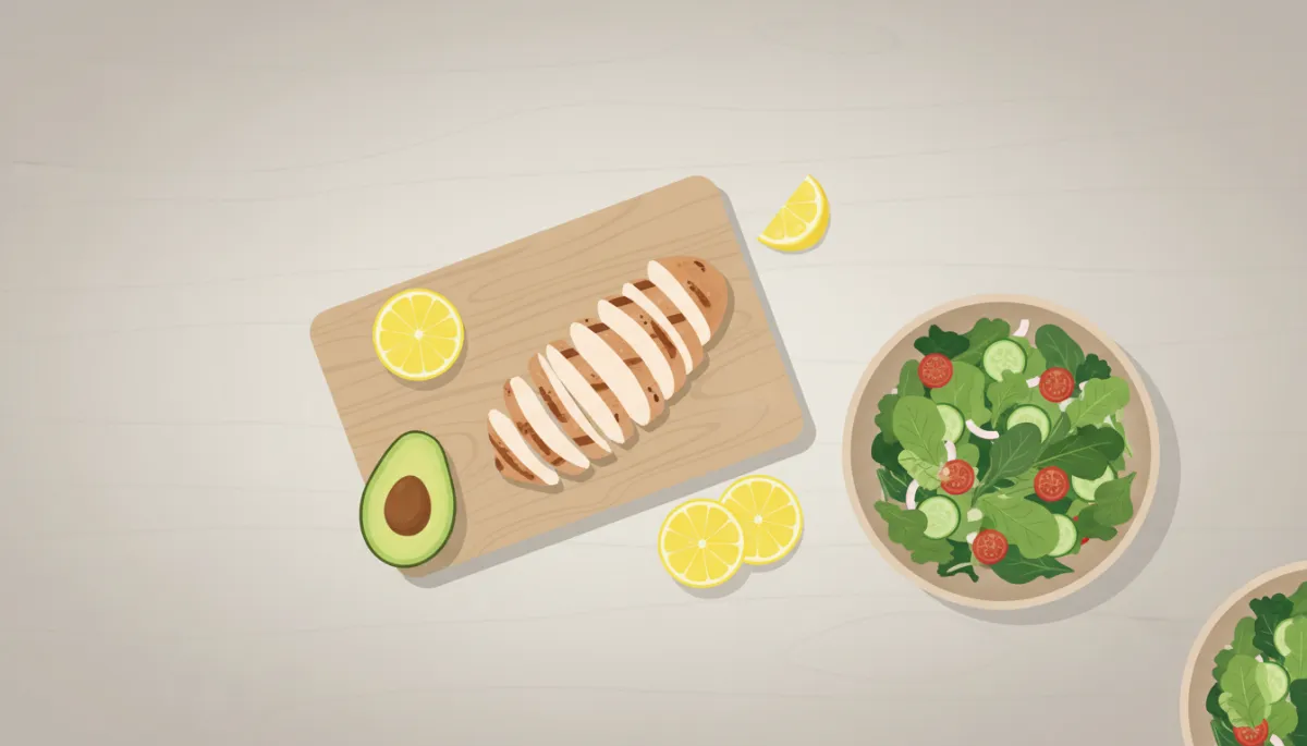 Voorbereiding van salade met gegrilde kip, avocado en citroen op een keukentafel Voorbereiding van salade met gegrilde kip, avocado en citroen op een keukentafel
