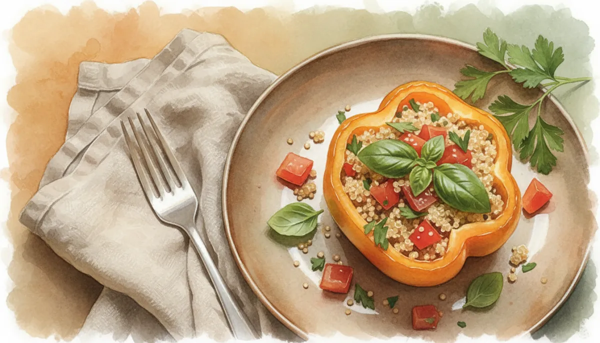 Close-up van een bord met plantaardige gevulde paprika met quinoa