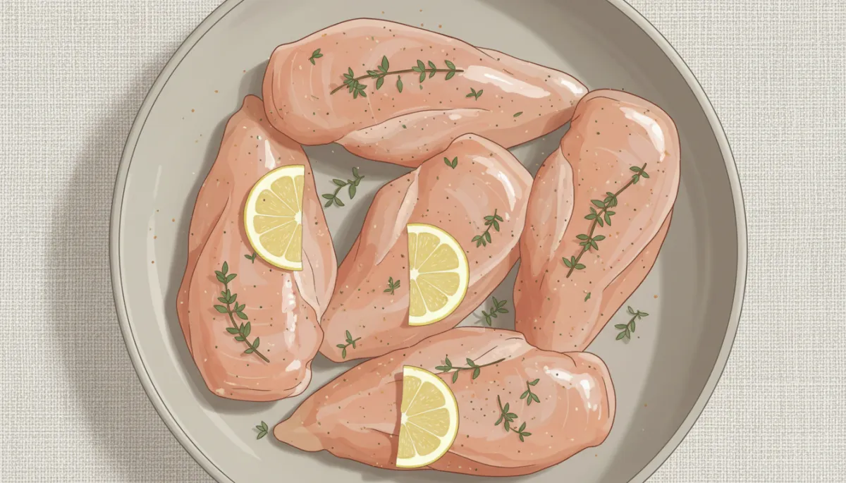 Gemarineerde kipfilet met schijfjes citroen en takjes tijm in een schaal Gemarineerde kipfilet met schijfjes citroen en takjes tijm in een schaal